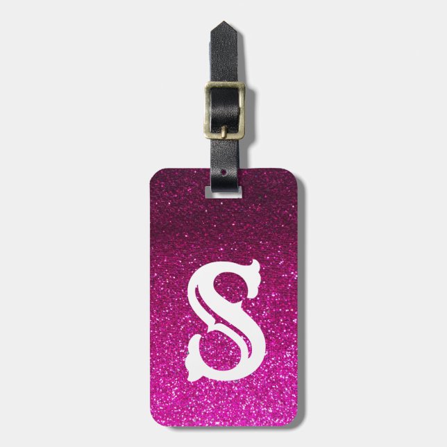 Étiquette À Bagage Monogramme à cristaux de Parties scintillant rose  (Devant Vertical)