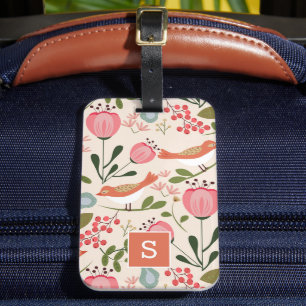 Étiquette À Bagage Monogramme à motif botanique de fleurs et d'oiseau