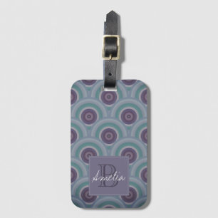 Étiquette À Bagage Monogramme à motif de cercles rétro violet et vert