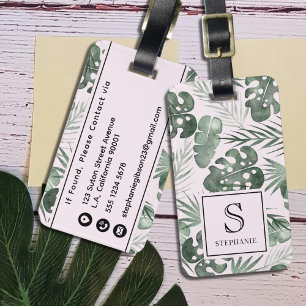 Étiquette À Bagage Monogramme à motif de feuilles de palmier à l'aqua