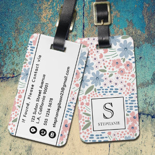 Étiquette À Bagage Monogramme à motif de fleurs fantaisistes rose et