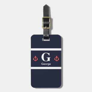 Étiquette À Bagage Monogramme à rayures blanches de la marine nautiqu