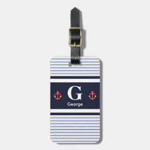 Étiquette À Bagage Monogramme à rayures blanches de la marine nautiqu