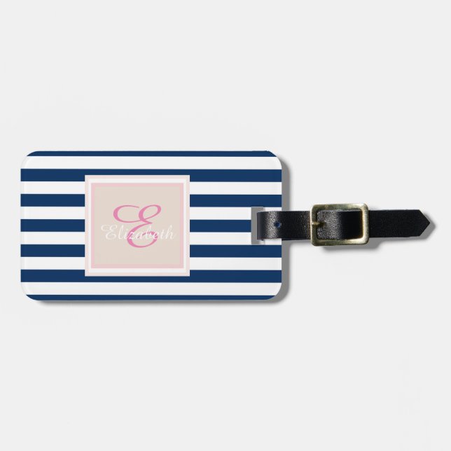 Étiquette À Bagage Monogramme à rayures bleu marine personnalisé (Devant horizontal)
