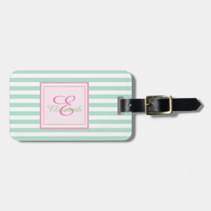 Étiquette À Bagage Monogramme à rayures vertes à la menthe personnali