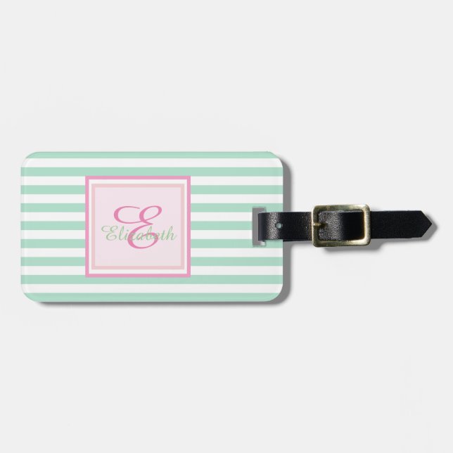 Étiquette À Bagage Monogramme à rayures vertes à la menthe personnali (Devant horizontal)