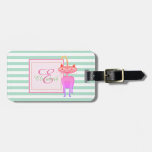 Étiquette À Bagage Monogramme à rayures vertes, Chat - Personnalisé