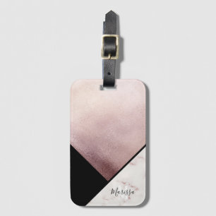 Étiquette À Bagage Monogramme Abstrait en marbre noir et Rose
