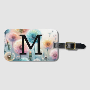 Étiquette À Bagage Monogramme aquarelle florale pissenlits roses bleu