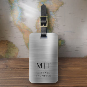 Étiquette À Bagage Monogramme argent brossé métal élégant