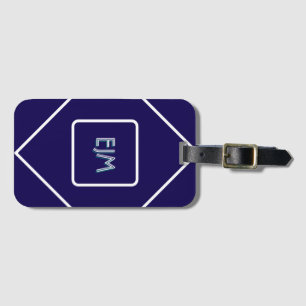 Étiquette À Bagage Monogramme blanc et bleu géométrique chic