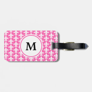 Étiquette À Bagage Monogramme Blanc et rose chaud Fleur de Lis Motif
