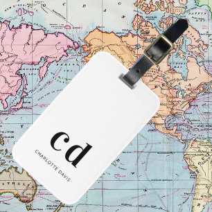 Étiquette À Bagage Monogramme blanc noir nom initiales élégant