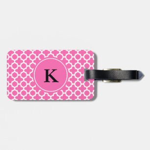 Étiquette À Bagage Monogramme blanc sur Motif Quatrefoil rose chaud