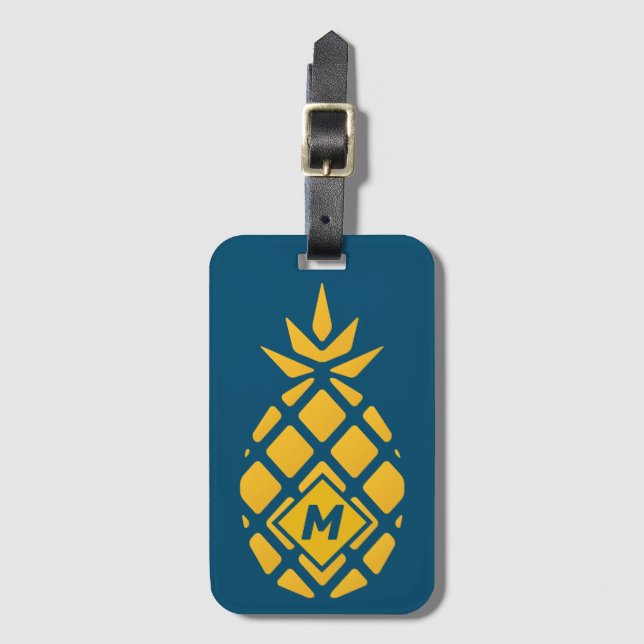 Étiquette À Bagage Monogramme bleu ananas géométrique tendance (Devant Vertical)