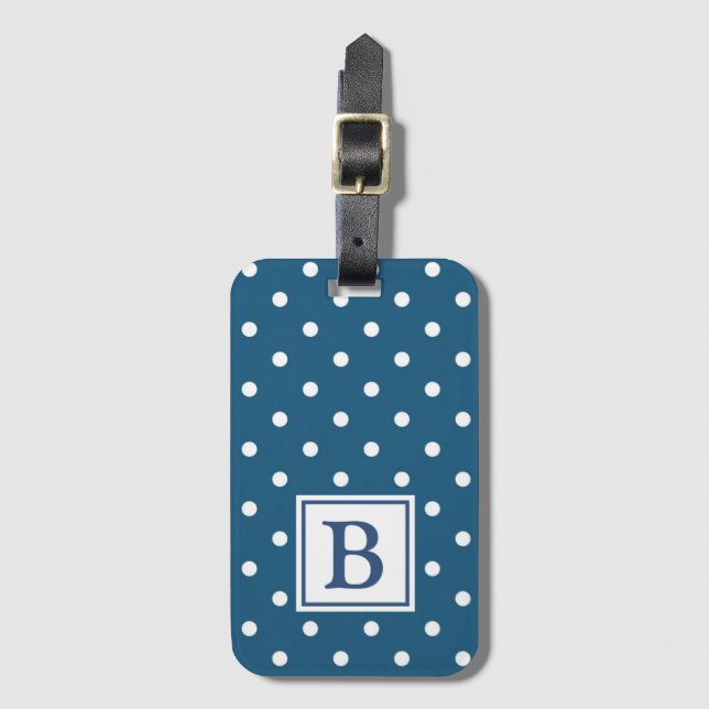 Étiquette À Bagage Monogramme bleu et blanc de point de polka (Devant Vertical)