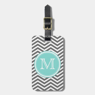 Étiquette À Bagage Monogramme bleu et blanc turquoise simple avec
