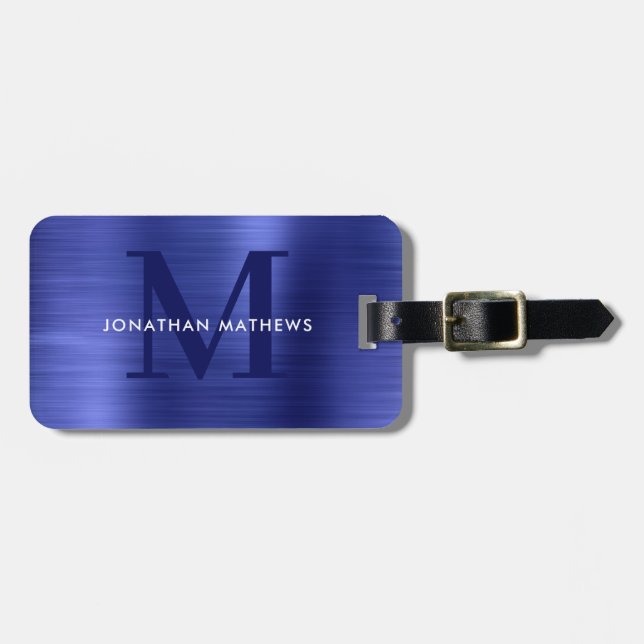 Étiquette À Bagage Monogramme bleu métallique brossé moderne (Devant horizontal)