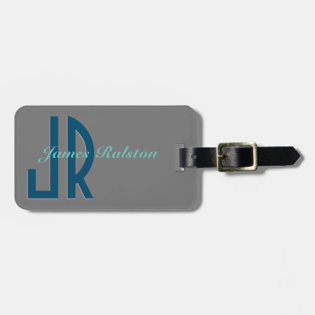 Étiquette À Bagage Monogramme bleu océan, gris et Turquoise, personna (Devant horizontal)