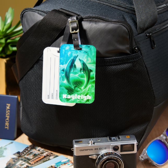Étiquette À Bagage Monogramme Bleu & Vert Dolphins Océan | (Recto & Verso)