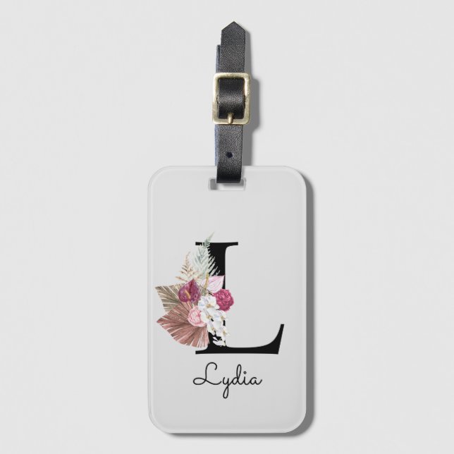 Étiquette À Bagage Monogramme Boho rose Fille Florale initiale L (Devant Vertical)