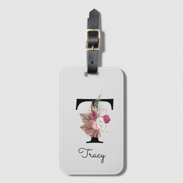 Étiquette À Bagage Monogramme Boho rose Floral initial T (Devant Vertical)