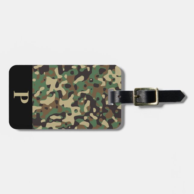 Étiquette À Bagage Monogramme Bois Tan Vert Camo Camouflage Noir (Devant horizontal)