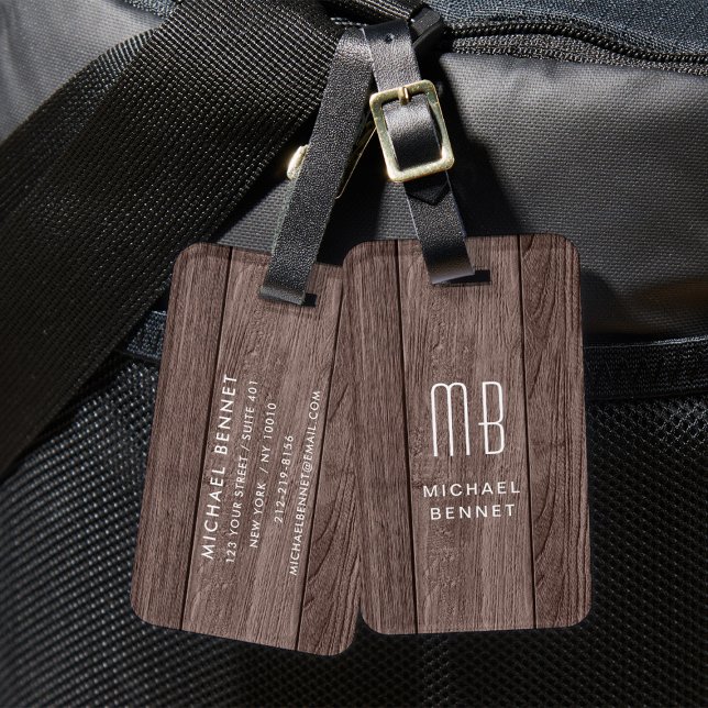 Étiquette À Bagage Monogramme Brown Faux Wood Texture (Monogrammed Brown Faux Wood Texture Luggage Tag)