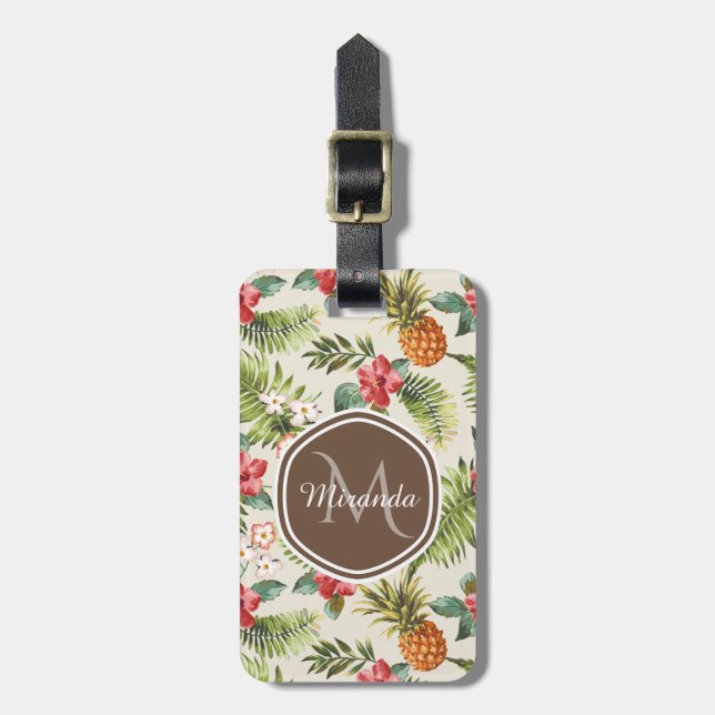 Étiquette À Bagage Monogramme Brown floral d'ananas tropical exotique (Devant Vertical)