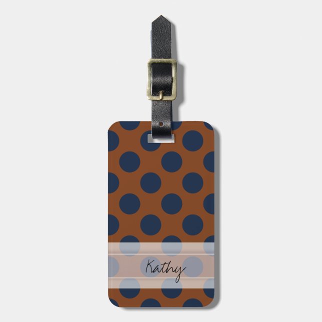 Étiquette À Bagage Monogramme Brown Marine Blue Chic Polka Motif (Devant Vertical)