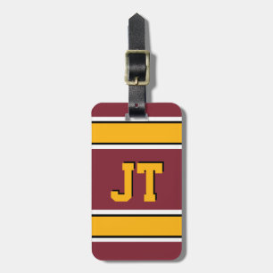 Étiquette À Bagage Monogramme Burgundy et Gold Sports Stripes