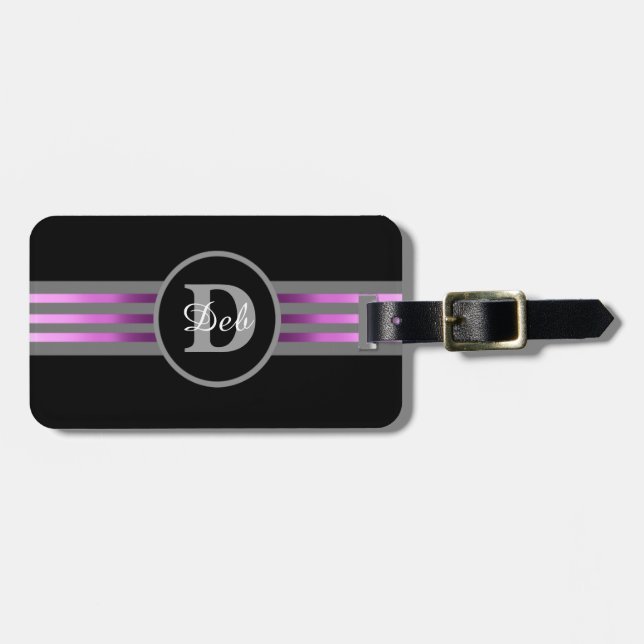 Étiquette À Bagage Monogramme Cercle Silhouette Gris et Noir (Devant horizontal)