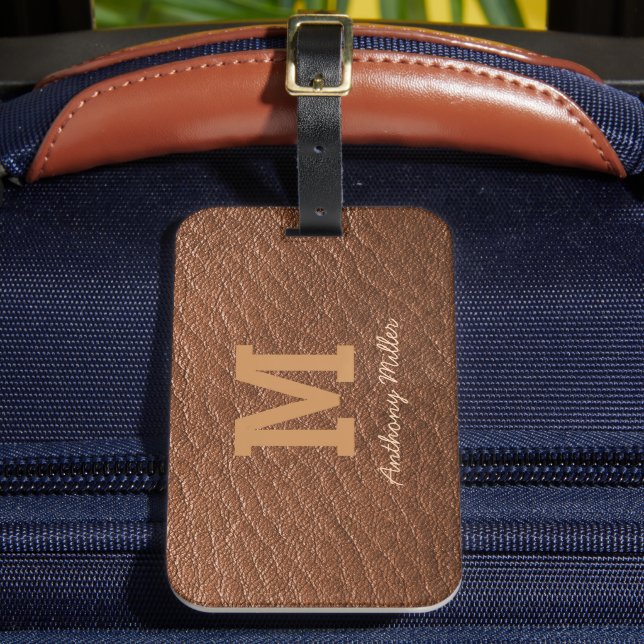 Étiquette À Bagage Monogramme Chic Cuir Brown Nom Script Moderne (Insitu Rectoal 2)