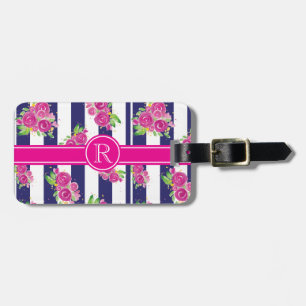 Étiquette À Bagage Monogramme chic floral rayé de la marine rose élég