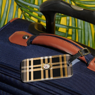 Étiquette À Bagage Monogramme Classique Gris Plaid, Noir & Beige