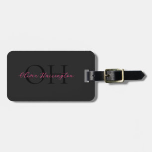Étiquette À Bagage Monogramme classique moderne noir et rose