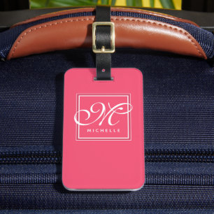 Étiquette À Bagage Monogramme classique rose chaud et blanc