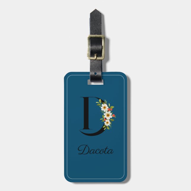 Étiquette À Bagage Monogramme D Fleur d'aquarelle cobalt Bagage Balis (Devant Vertical)
