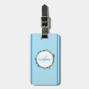 Étiquette À Bagage Monogramme Dainty Sky Blue Floral Wreath