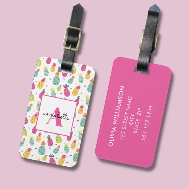 Étiquette À Bagage Monogramme d'ananas tropical initial (Pineapple tropical personalized monogram luggage tag. )
