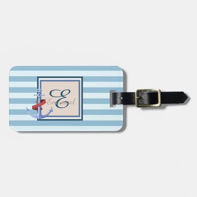 Étiquette À Bagage Monogramme d'ancre bleu clair (Devant horizontal)