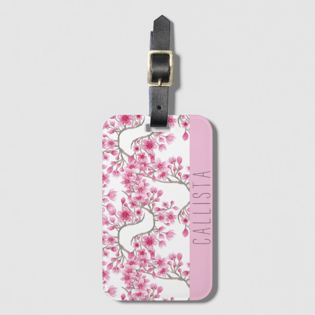 Étiquette À Bagage Monogramme d'aquarelle florale de fleurs de cerisi (Devant Vertical)