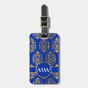 Étiquette À Bagage monogramme d'argent et de bleu royal damassé