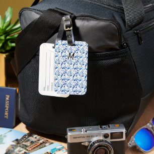 Étiquette À Bagage Monogramme d'art fin en mosaïque de feuilles bleue