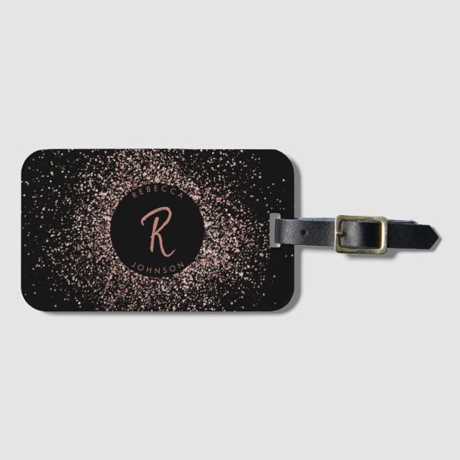 Étiquette À Bagage Monogramme de cadre de Parties scintillant rose ro (Devant Horizontal)