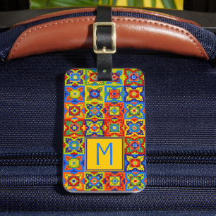 Étiquette À Bagage Monogramme de carreaux géométriques vifs et coloré