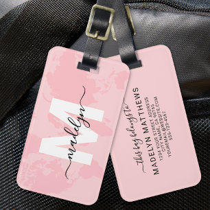 Étiquette À Bagage Monogramme de carte du monde rose