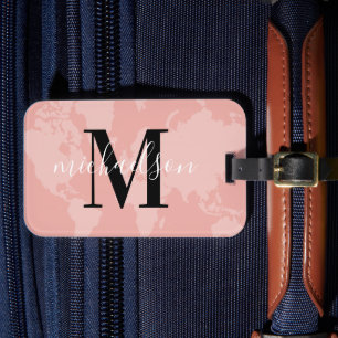 Étiquette À Bagage Monogramme de carte du monde rose pastel écriture 