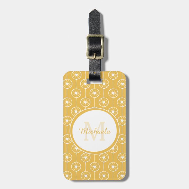 Étiquette À Bagage Monogramme de Coeurs Jaunes et Blancs élégant avec (Devant Vertical)