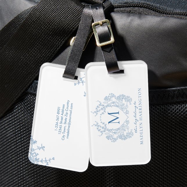 Étiquette À Bagage Monogramme de crête Florale Bleu Français Classiqu (Créateur téléchargé)